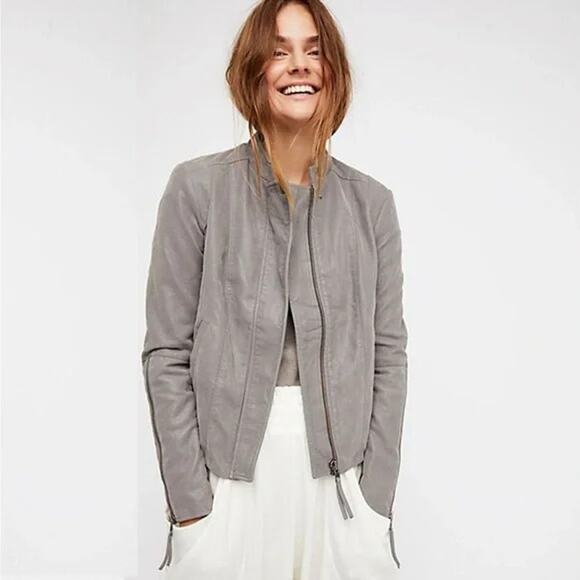 Free People Cool & Clean Gray Vegan Faux Suede Moto Jacket Chic Edgy Size 4 - Picture 1 of 7